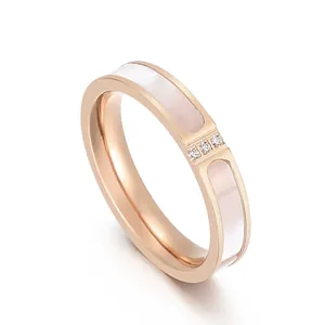 Stainless Steel Shell Ring With Zircon Stones 18K Rose Gold Plated Modern Fashion Band Jewelry For Women
