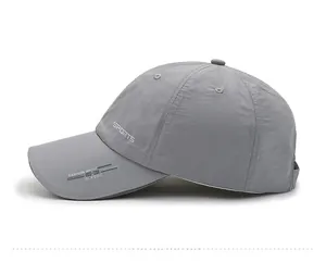 Detail view of grey quick-dry sports cap featuring reflective text and side stitching