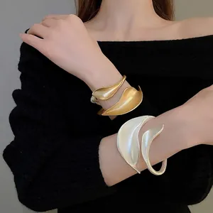 Matte Alloy Leaf Open Cuff Bangle Bracelet Exaggerated Large Irregular Organic Design Modern Minimalist Jewelry For Women