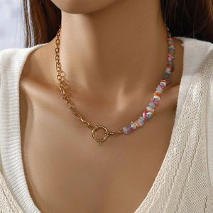 Bohemian irregular natural turquoise stone and gold stainless steel chain necklace on model