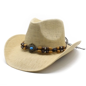 Handgeflochtener Stroh-Cowboyhut mit Holzperlenband und Türkis-Akzentdekor