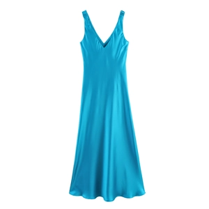 Elegant blue satin maxi dress with V-neck and wide straps for a minimalist look