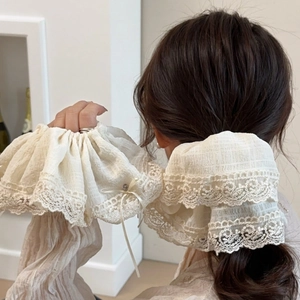 Large Lace Scrunchie Bowknot Hair Tie Fabric Pleated Elastic Ponytail Holder French Vintage Sweet Elegant Women Accessory