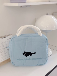 Quilted blue cosmetic bag with black cat embroidery and soft portable handle