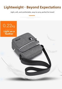Detail of lightweight grey oxford cloth crossbody bag with multiple zippers and feather motif