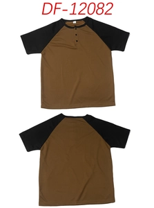 Front and back view of men's Henley neck raglan short sleeve shirt with breathable mesh fabric