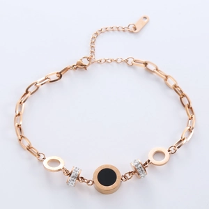 Rose gold stainless steel link bracelet with Roman numerals and pavé crystals