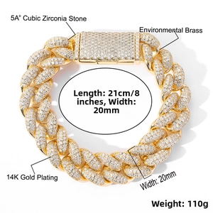 Close-up of 20mm Cuban link bracelet in 14K gold plated brass with 5A+ cubic zirconia