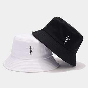 Classic black and white bucket hats with faith cross embroidery for men and women