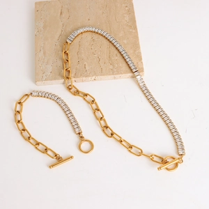 Gold chain necklace and bracelet set with cubic zirconia and OT toggle clasp closure