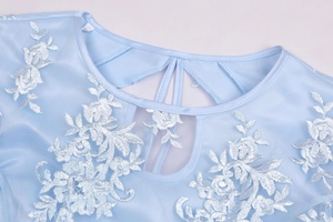 Detail of light blue lace embroidery on neckline and mesh fabric of the A-line dress