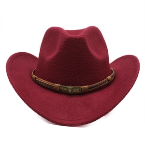 Classic burgundy felt western cowboy hat with brown braided band and skull metal buckle