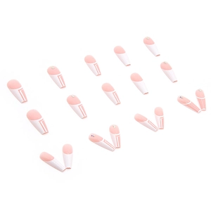 Pink and white French glitter coffin press-on nails with sparkling rhinestones