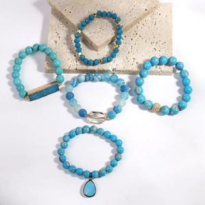 Bohemian style 5PCS stackable bead bracelet set with blue natural stones and crystal
