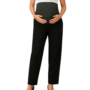 Black high-waisted maternity pants with full belly support in a straight leg style