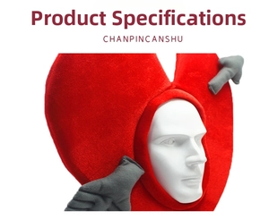 Detail of red plush heart hat with grey hand accents on white mannequin for parties