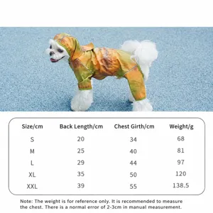 Waterproof dog raincoat with reflective strips and hood, shown with a detailed size chart