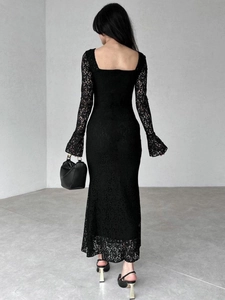 Elegant slim-fit black lace maxi dress with square neck and flared cuffs for women