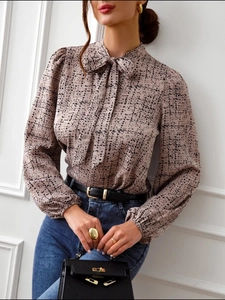 Chemisier Femme Manches Longues Polyester Nœud Col V Imprimé Abstrait Mode Décontracté Élégant Haut À Manches Bouffantes