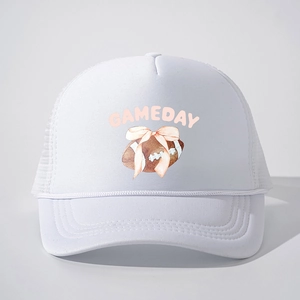 White trucker hat with GAMEDAY football and pink bow design, adjustable mesh cap for women
