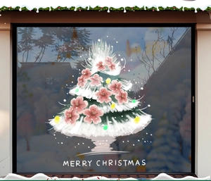 Close-up of pink flower Christmas tree window sticker with Merry Christmas text on glass