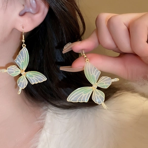 Gros plan de boucles d'oreilles papillon avec ailes translucides dégradées vert et violet