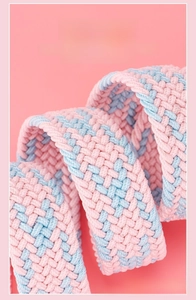 Detailed close-up of pink and light blue woven stretch belt showing breathable mesh texture