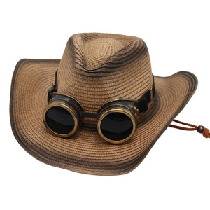 Chapeau de cow-boy en paille tressée marron avec lunettes steampunk et cordon réglable