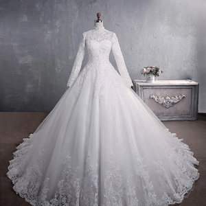 Vintage Long Sleeve Lace Wedding Dress High Neck Elegant Bridal Gown For Women Luxurious White Cathedral Train