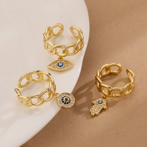 Evil Eye Open Ring 18K Gold Plated Copper Zirconia Hamsa Hand Pendant Bohemian Vintage Adjustable Jewelry Women