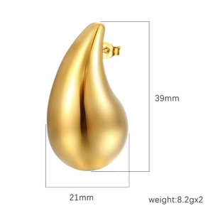 18K gold plated hollow teardrop earrings measuring 39mm by 21mm in stainless steel