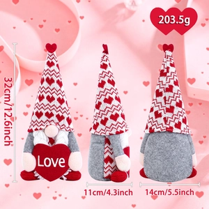Three-view layout of Valentines gnome with weight and size details in inches and cm
