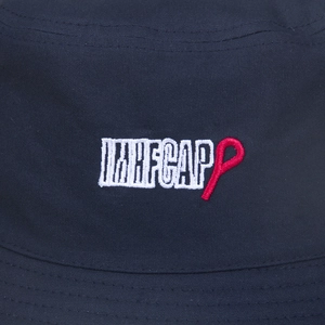 Detailed view of the IMHFCAP logo embroidery on a navy cotton canvas bucket hat