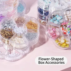 DIY nail art charms kit with pearls, butterfly bows, and rhinestones in flower case