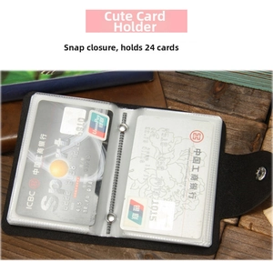 Detail view of the open black button card wallet holding 24 credit card slots