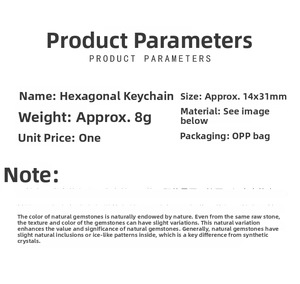 Detailed specs for conical stone keychain showing 14x31mm size and 8g weight parameters