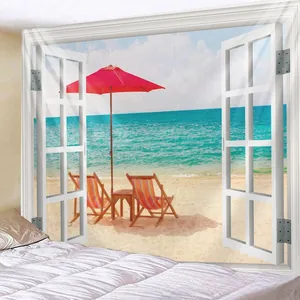 3D window view wall tapestry featuring tropical beach scene with red umbrella and sand chairs