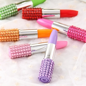 Cute lipstick shaped ballpoint pens with rhinestones set of six colorful cartoon pens