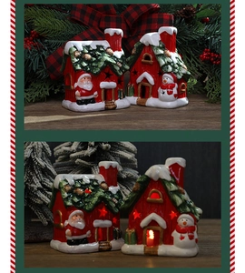 Ceramic Christmas snow house with LED light featuring Santa and snowman relief