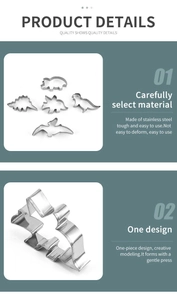 Detail showing stainless steel dinosaur cookie cutters with durable one-piece design