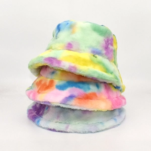 Colorful tie-dye faux rabbit fur bucket hats stacked vertically on white background