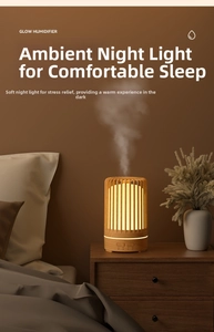 Detail showing the wood grain base and warm night light of the birdcage oil diffuser