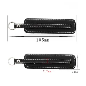 Black PU leather keychain strap with white stitching and metal ring measuring 105mm