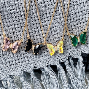 Butterfly Pendant Necklace Copper With Cut Glass Crystal Wings Zircon Inlaid Box Chain Dreamy Elegant Jewelry For Women