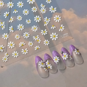 3D embossed daisy nail art stickers with purple gradient jelly finish on nails