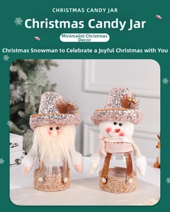Detail of Santa and Snowman Christmas candy jars with pink sequins and knit decor