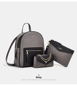 Close-up of three-piece grey textured synthetic leather bag set with golden hardware details