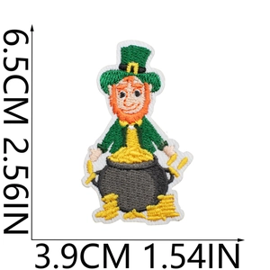 Close-up of St. Patrick's Leprechaun embroidery patch showing size 6.5x3.9cm dimensions