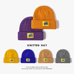 Knitted Beanie Hat Cuffed Ribbed Warm Winter Cap With Patch Label Street Style For Men Women Unisex