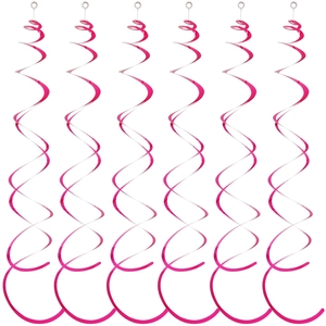 Detailed view of six pink PVC spiral ceiling decorations for party venue arrangements